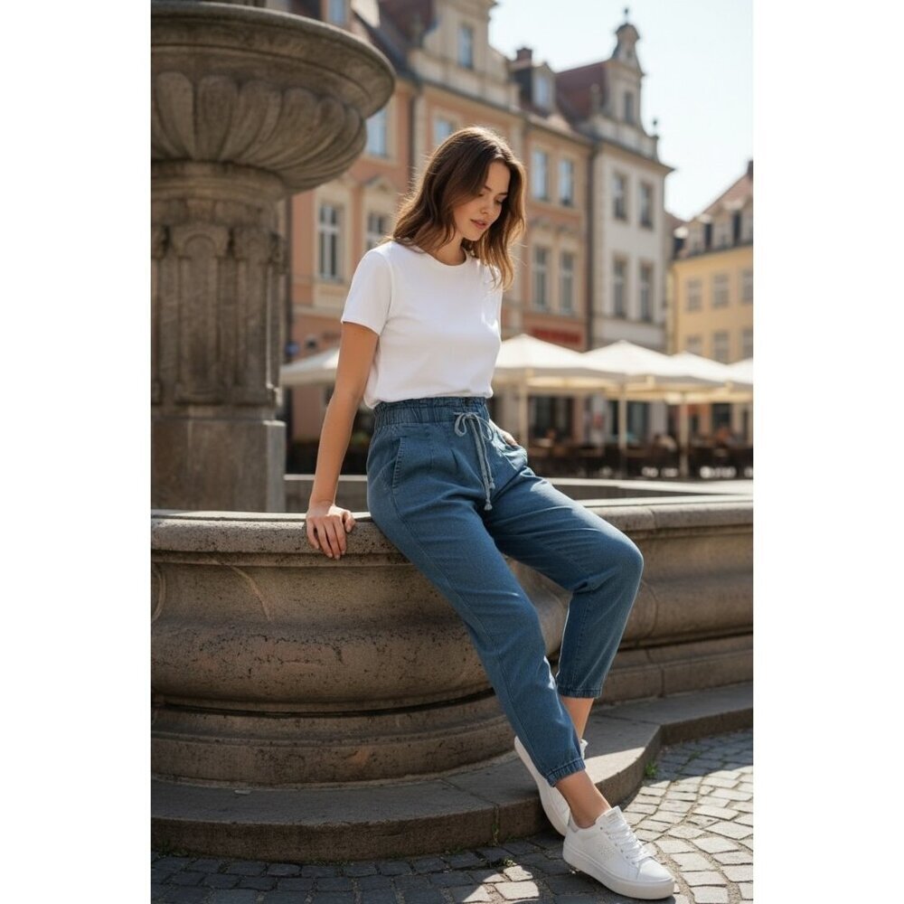 Oli & Hali Blue Mineral Wash Cotton Paperbag Waist Jogger Pants High Rise S